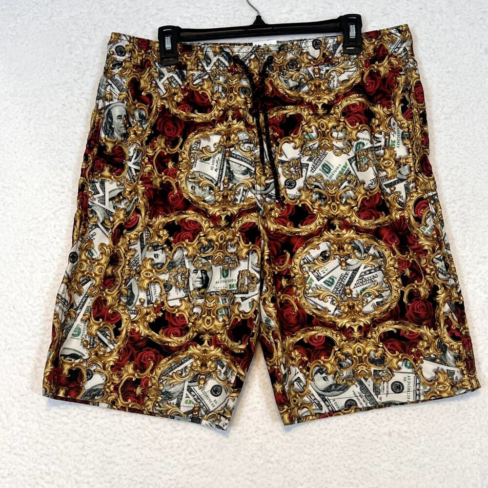 Red Ape MCMXXXIII Swim Trunks Shorts Men Lg Gold, Red Hundred Dollar Bill Print
